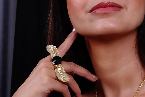 Gold Plated Black Stone Leaf Ring