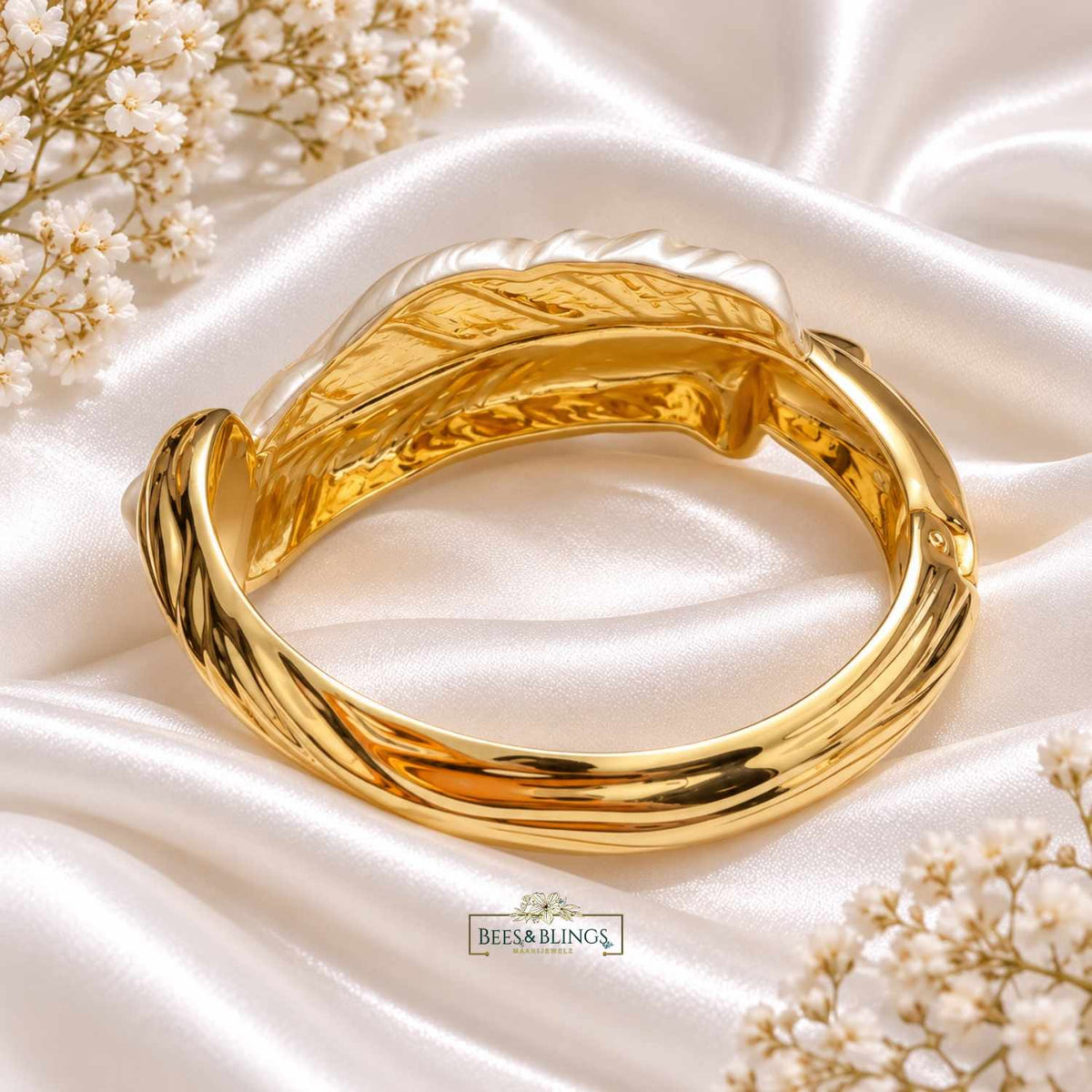 Gold-Tone Pearl Feather Statement Cuff Bracelet