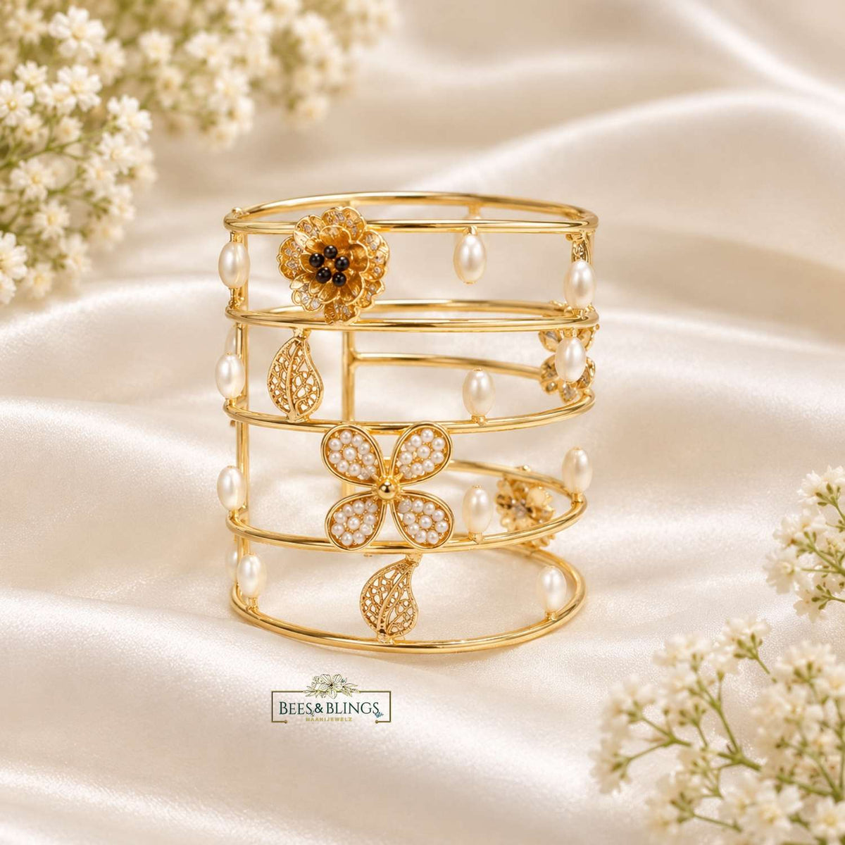 Gold-Tone Pearl Floral Statement Cuff Bracelet
