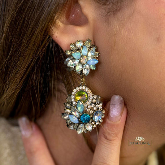 Blue Green Rhinestone Drop Earrings