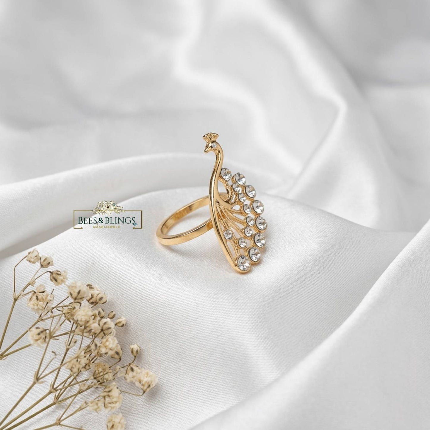 Golden Peacock Statement Ring with Crystal Stones