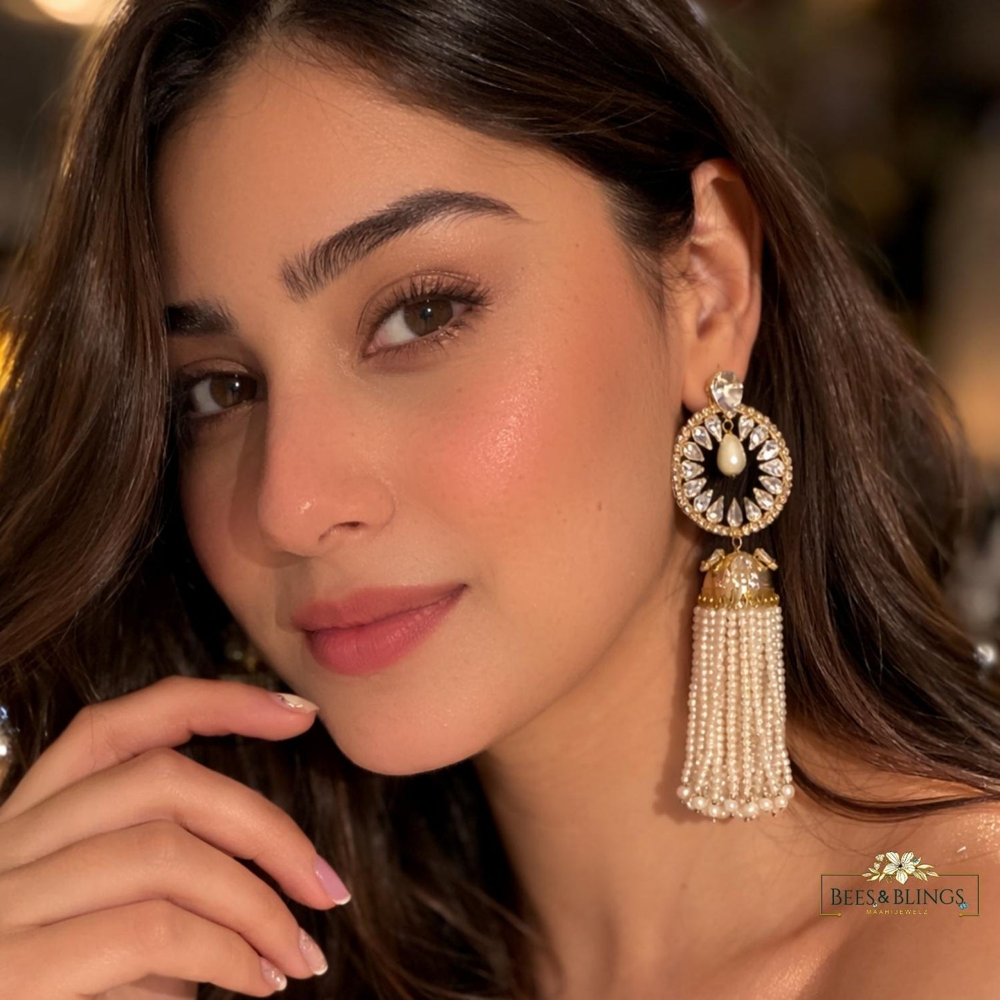 Crystal-Pearl-tassel-statement-Earrings