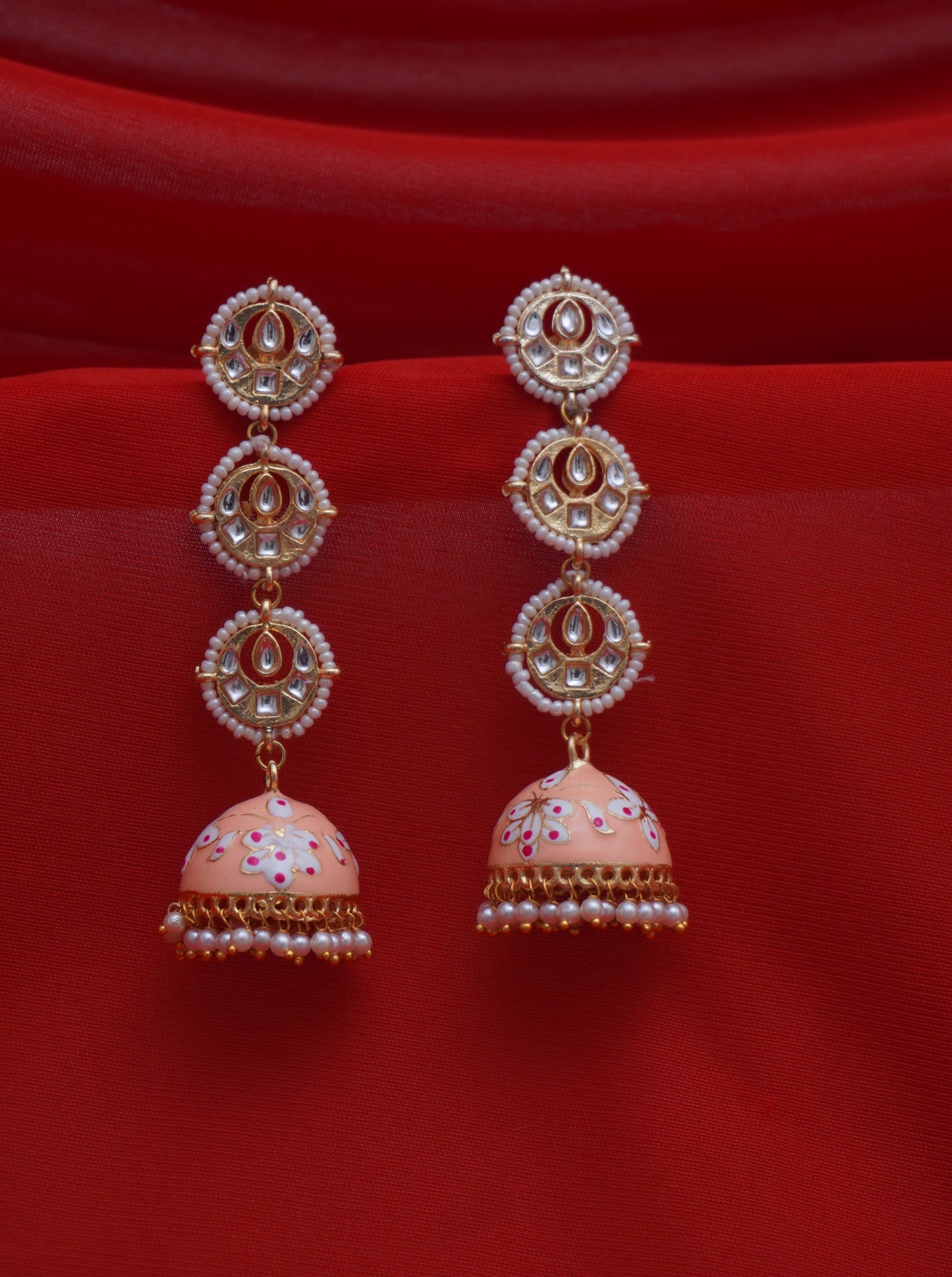 peach Kundan Jhumkis