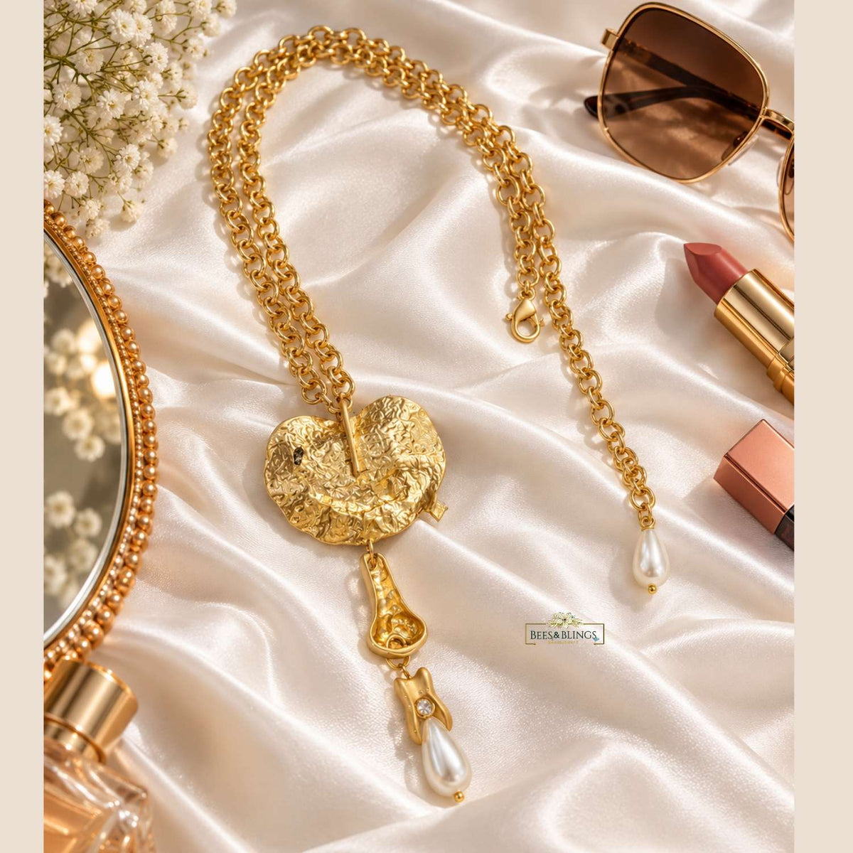 Gold Evil Eye Statement Necklace with Pearl Drop Pendant