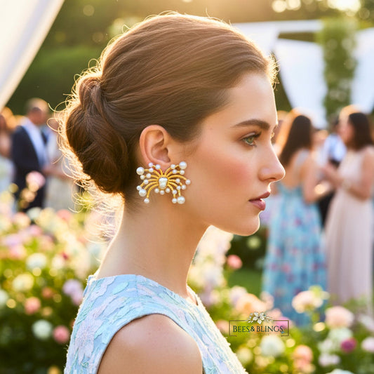 Gold-Plated-Sunburst-Pearl-Statement-Earrings-model