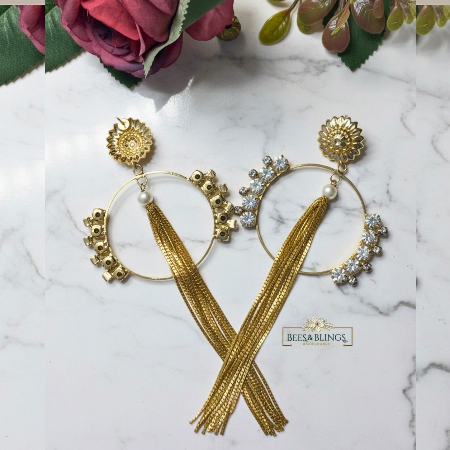 Golden-Rhinestone-tassel-Hoop-Statement-Earrings