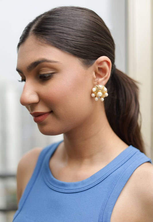 golden pearl statement stud earrings