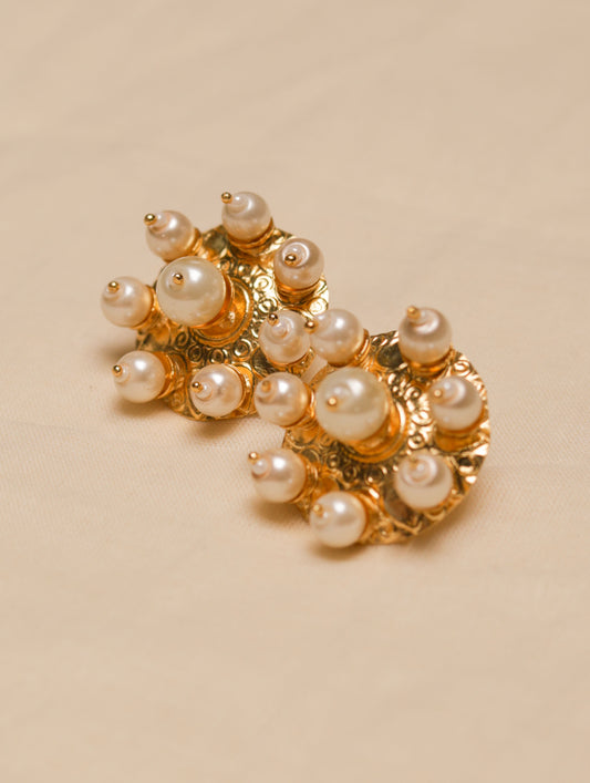 golden pearl statement stud earrings