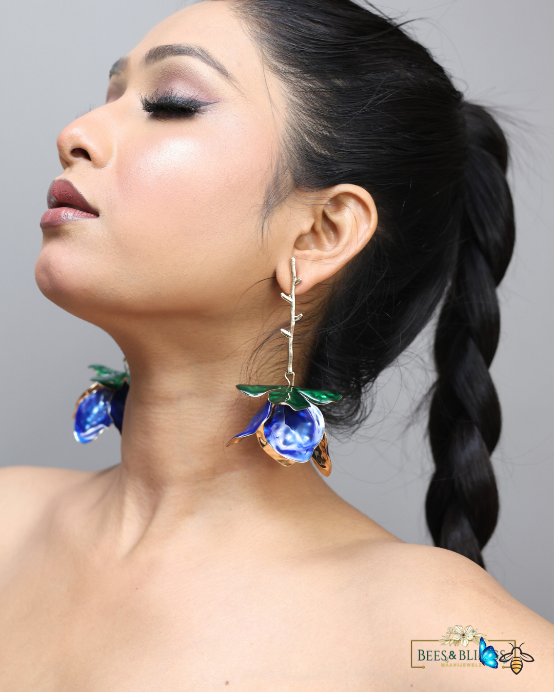 blue floral party earrings