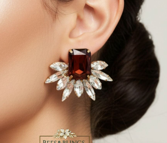 Red Rhinestone Stud Earrings | Gold Plated Gemstone Studs for Women