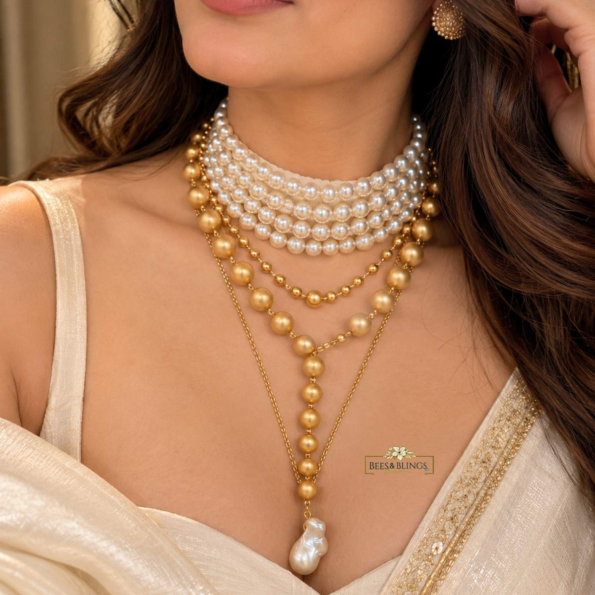 Golden Pearl Layered Choker Necklace