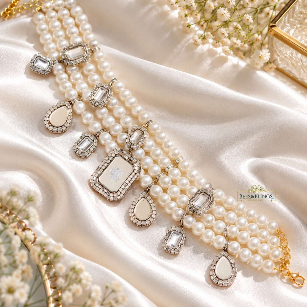 Green Pearl Statement Necklace with Crystal Charms