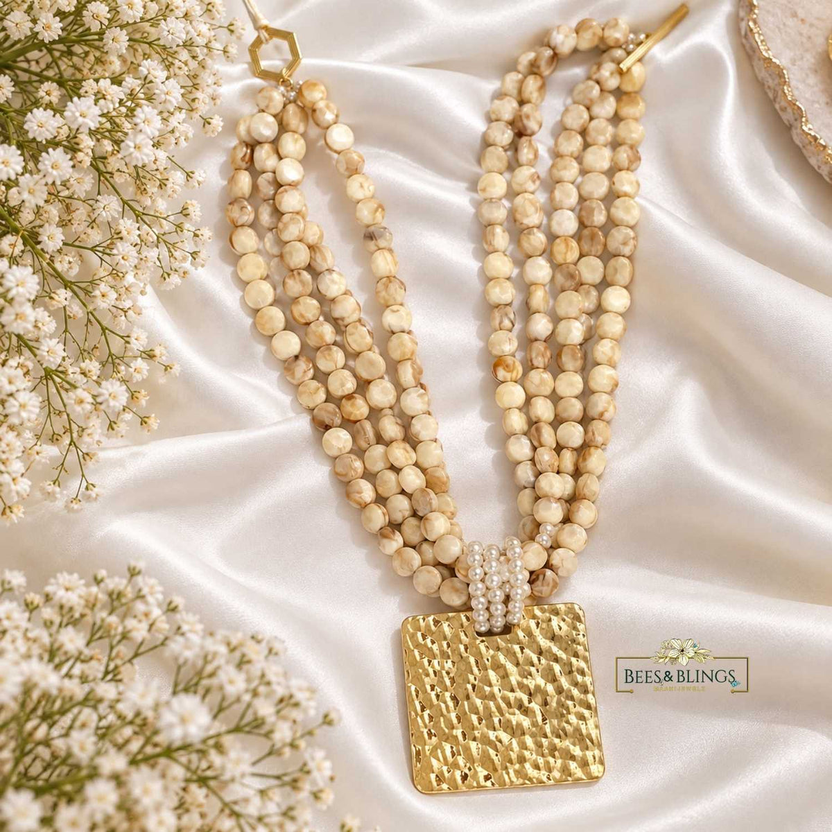 Cream Beige Marbled Beaded Statement Necklace | Bees & Blings