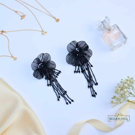 Black Floral Tassel Earrings