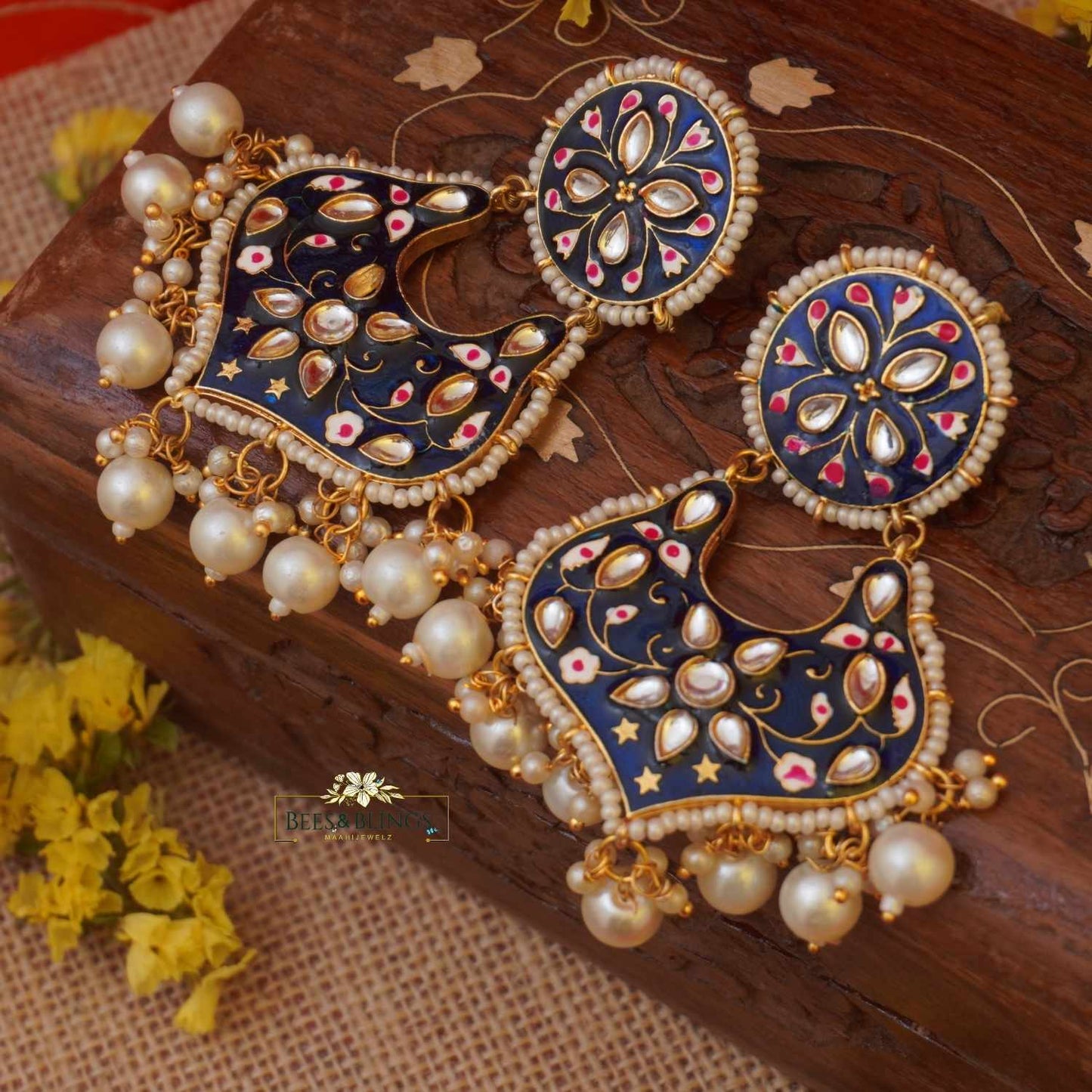 Blue meenakari kundan earrings