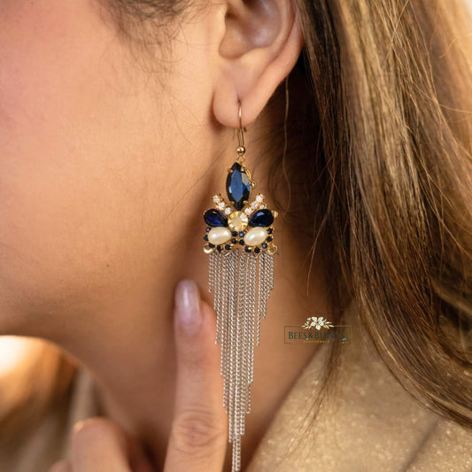 Blue Silver Mini Tassel Drop Earrings