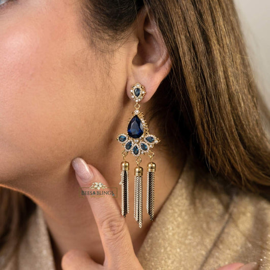 Blue Golden Mini Tassel Drop Earrings