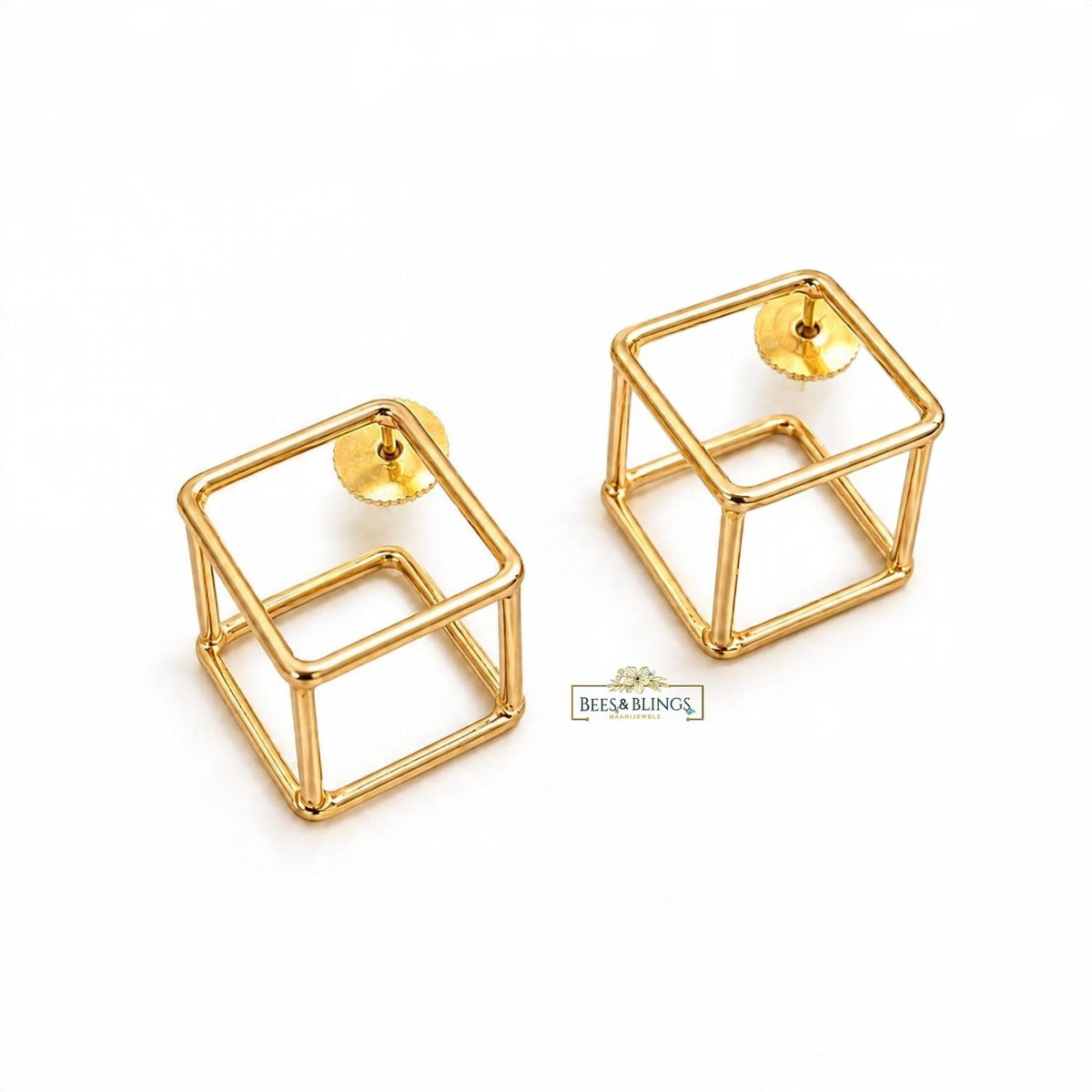 Gold Geometric Cube Stud Earrings