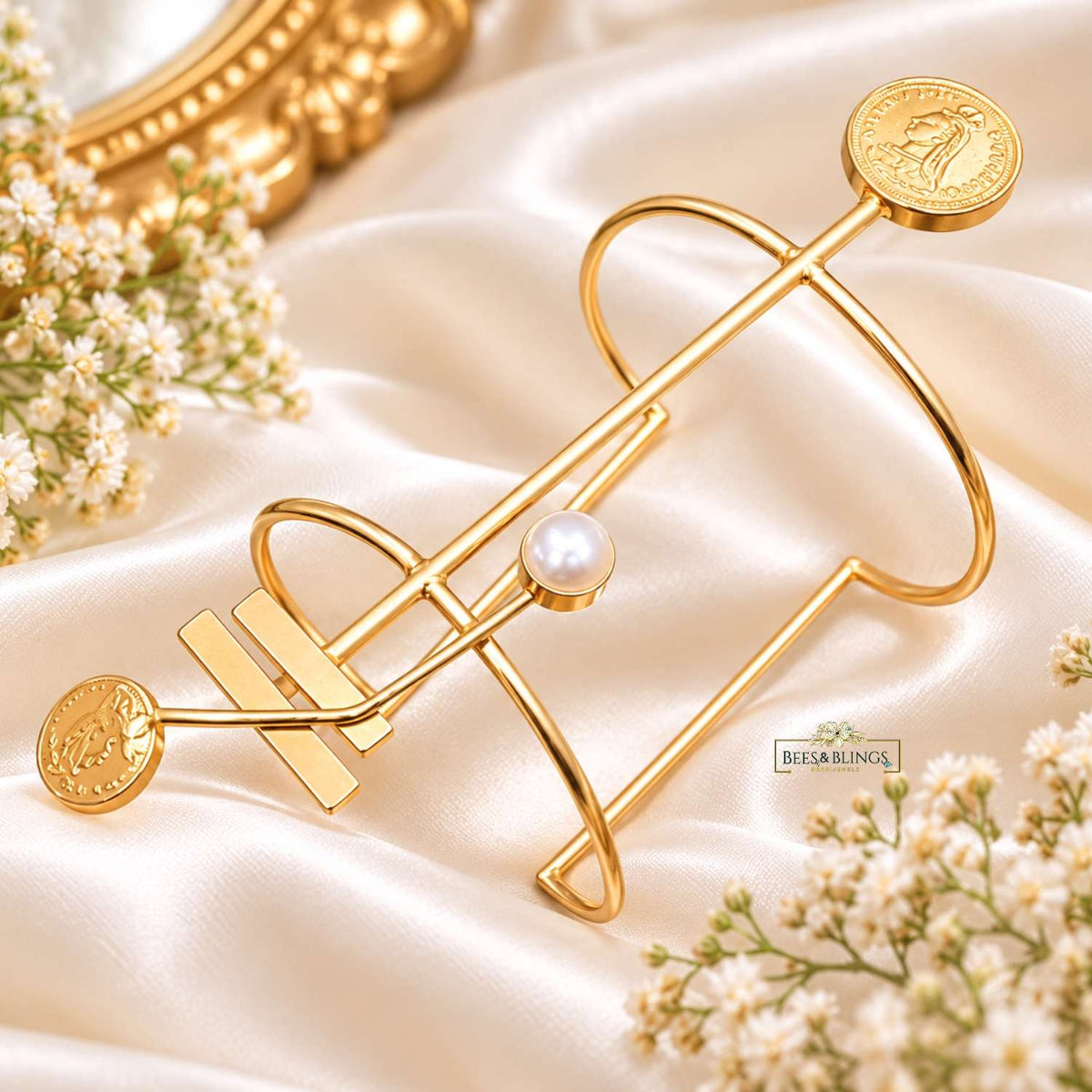 Golden Geometric Coin Statement Cuff Bracelet