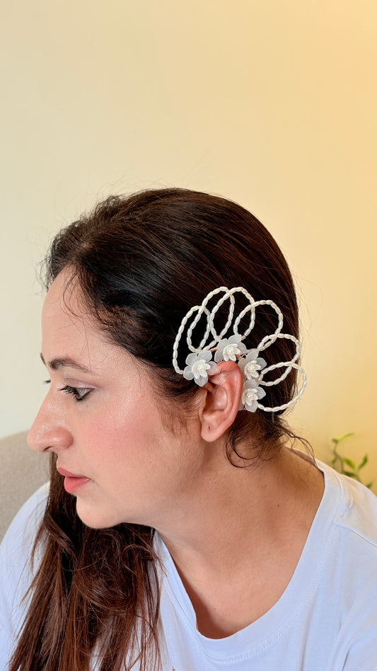 White Flower Pearl Statement Ear Cuff
