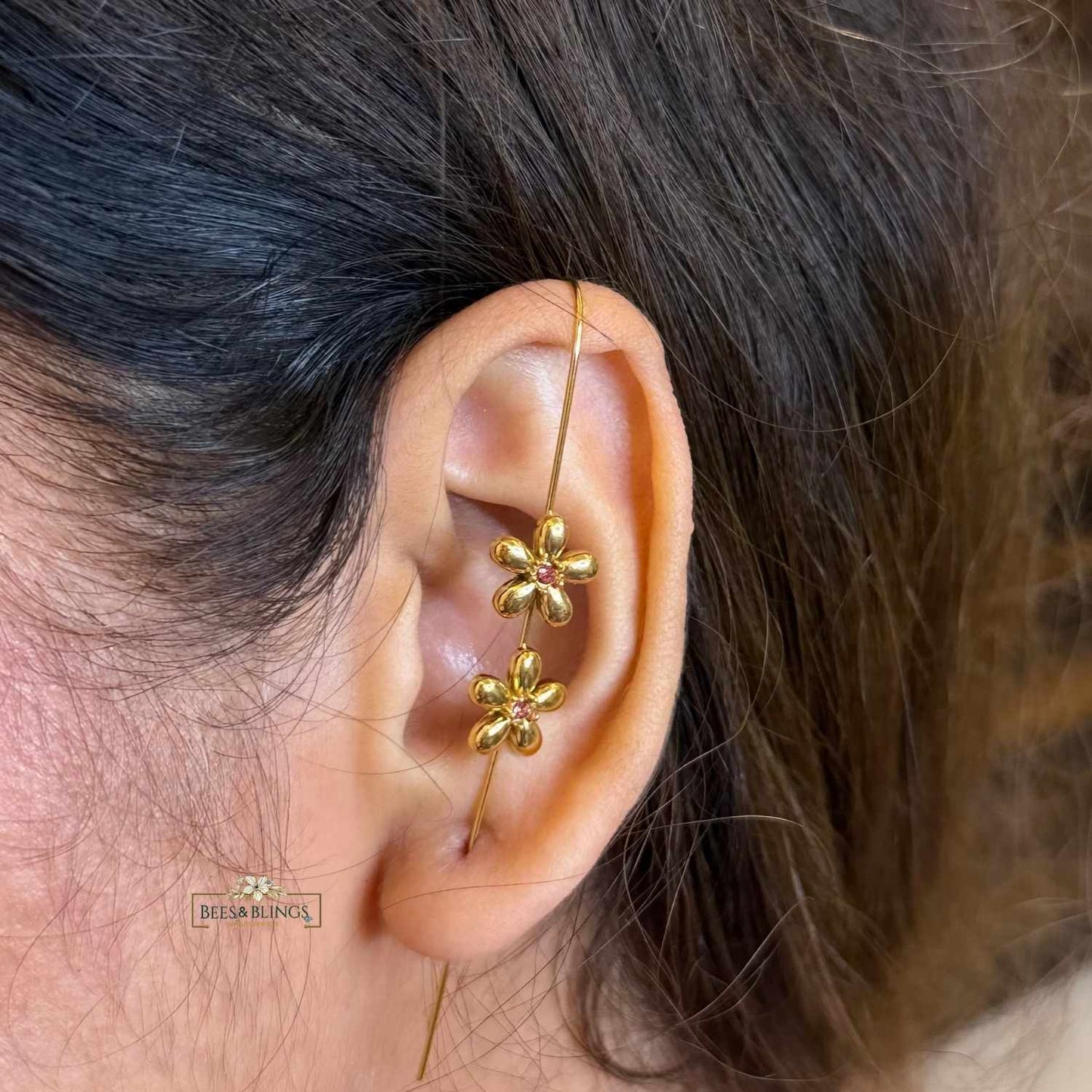 Golden floral ear climbers