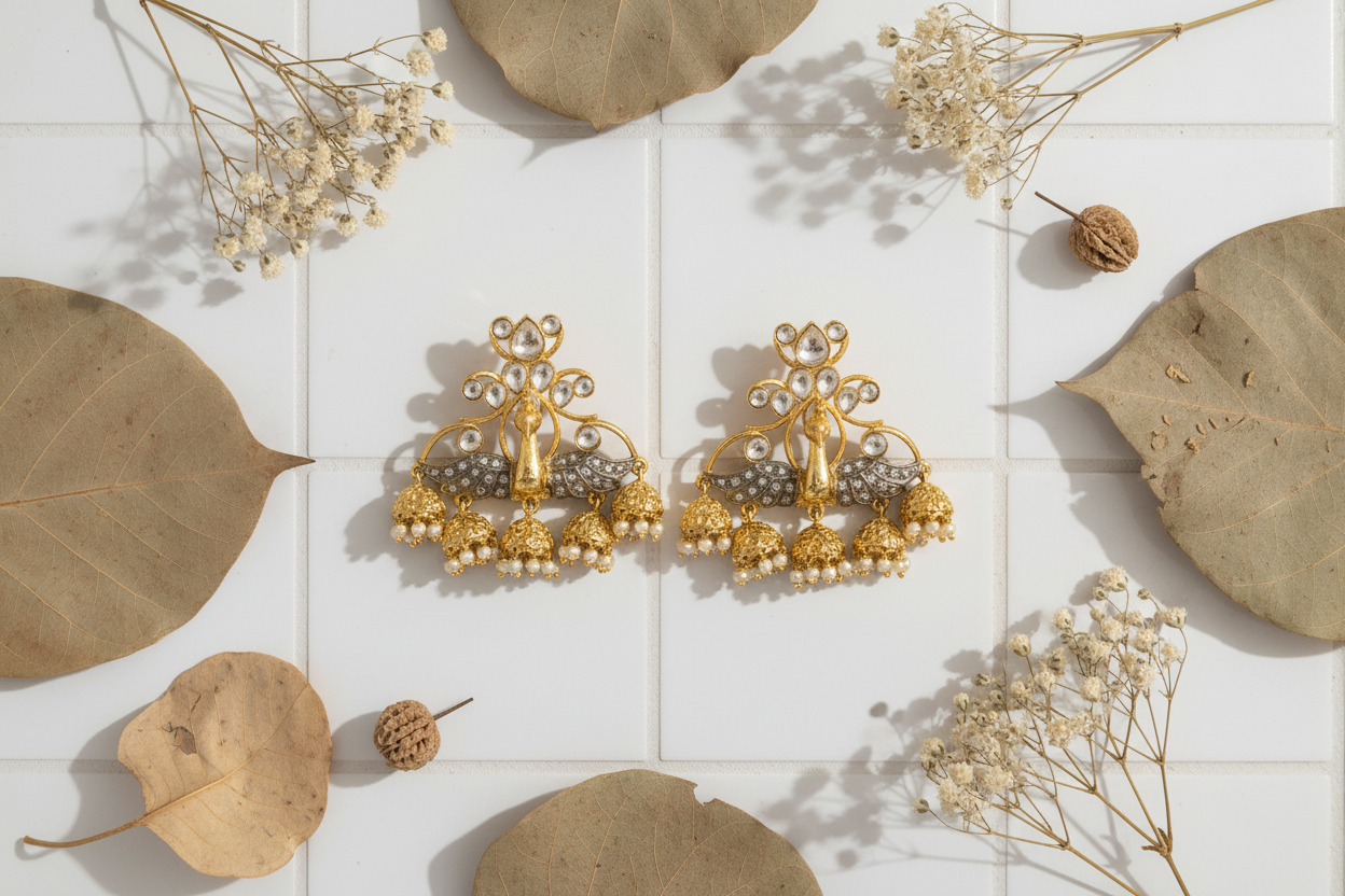Golden Peacock Kundan Jhumkis