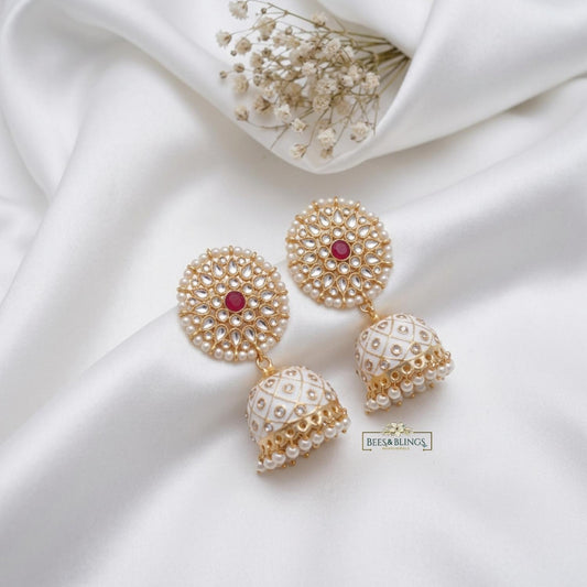 White Meenakari Kundan Jhumkis
