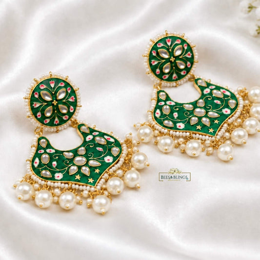 green meenakari kundan earrings