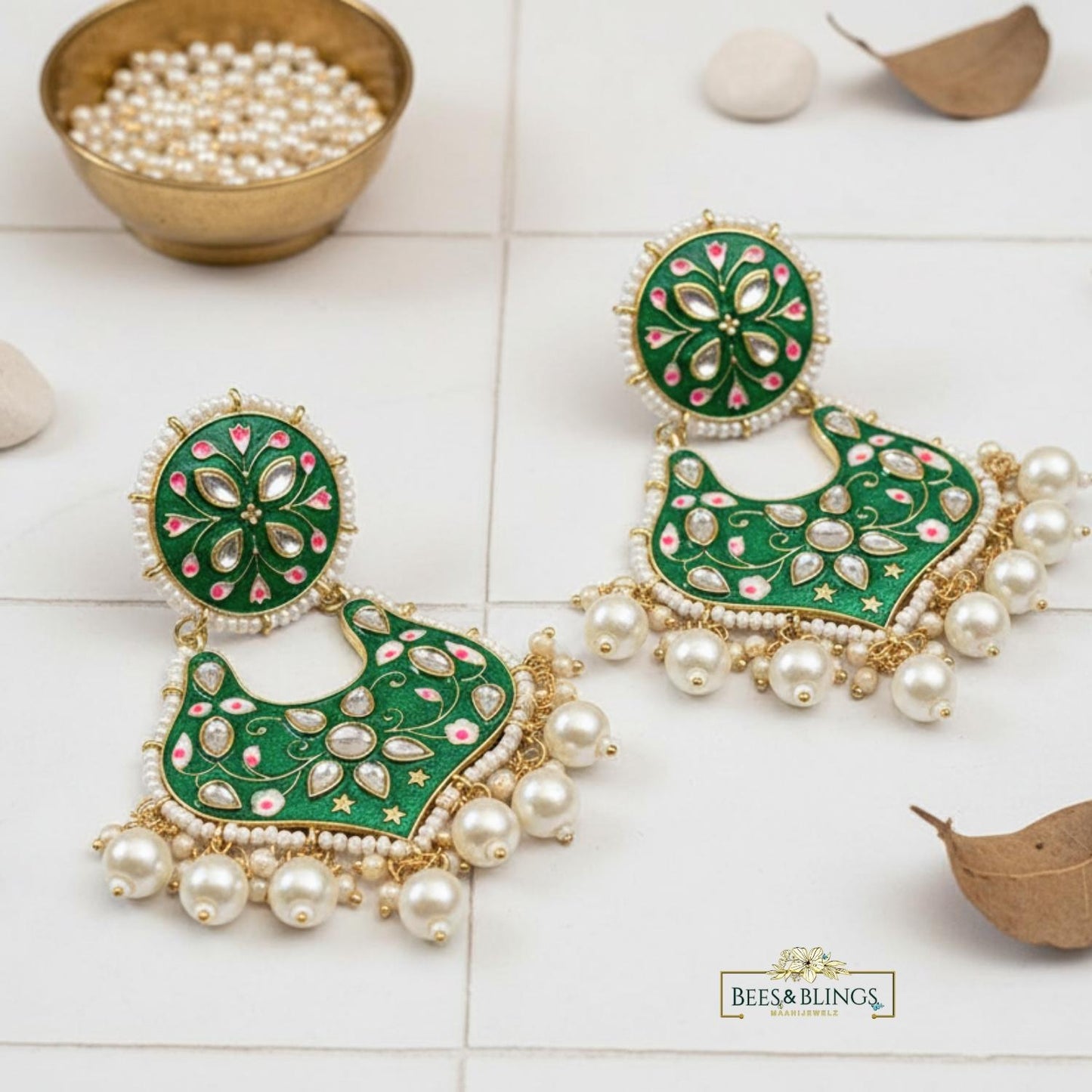 green meenakari kundan earrings