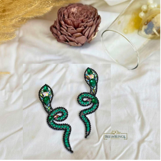 Green Rhinestone Snake Earrings