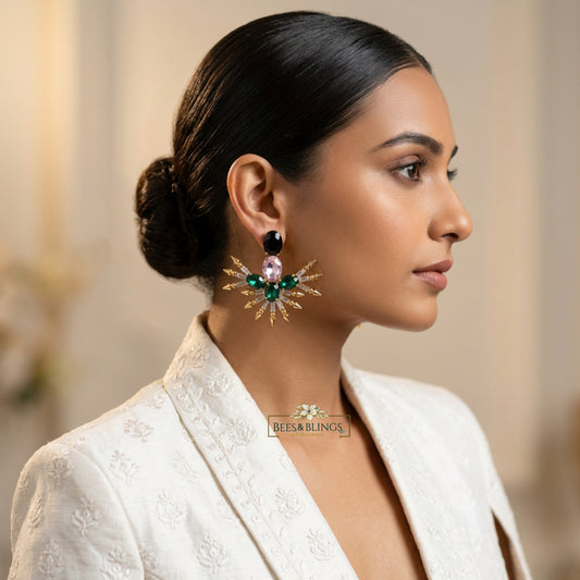 Emerald Green Crystal Statement Earrings | Party & Festive Drop Earrings
