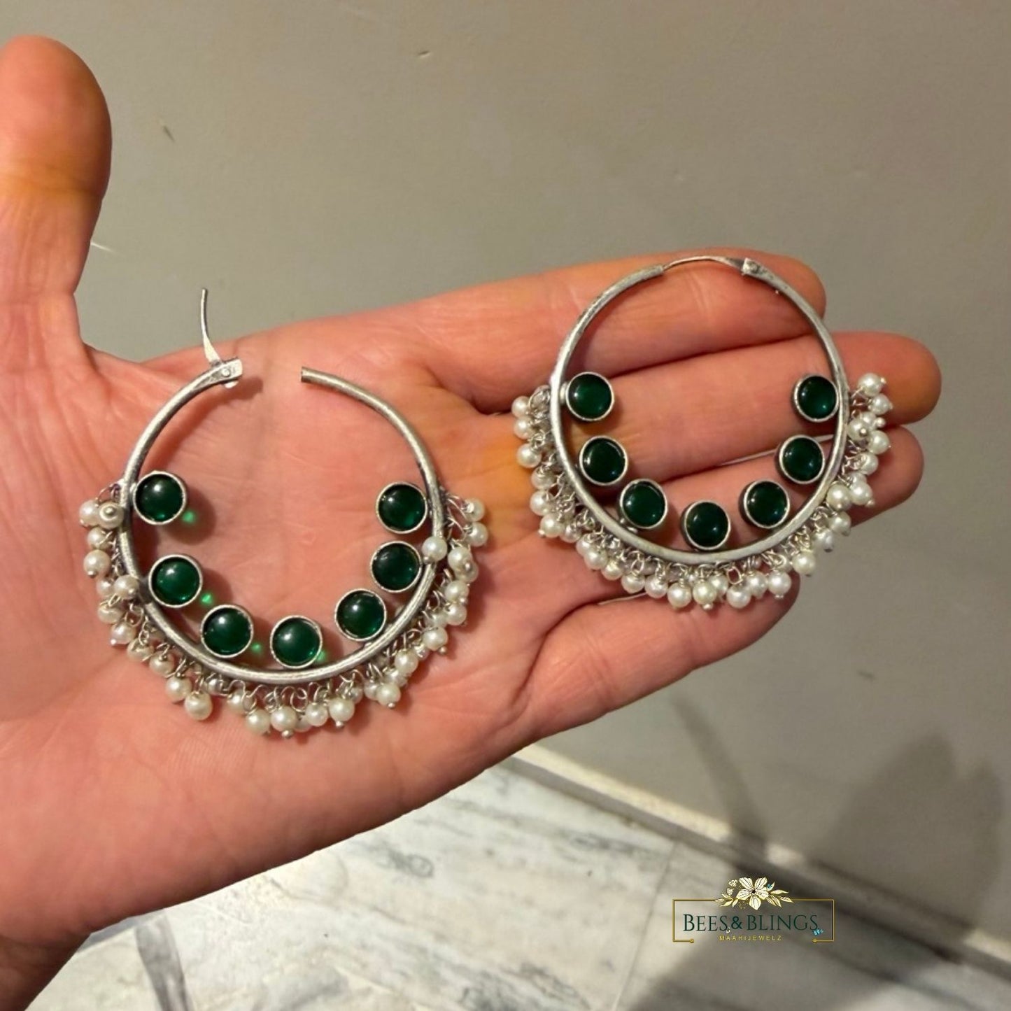 Green Oxidised Hoop Earrings