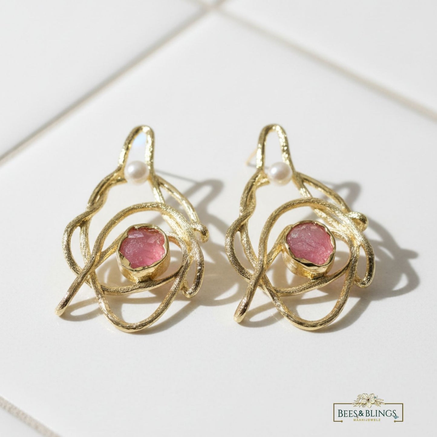 gold pearl abstract statement earrings