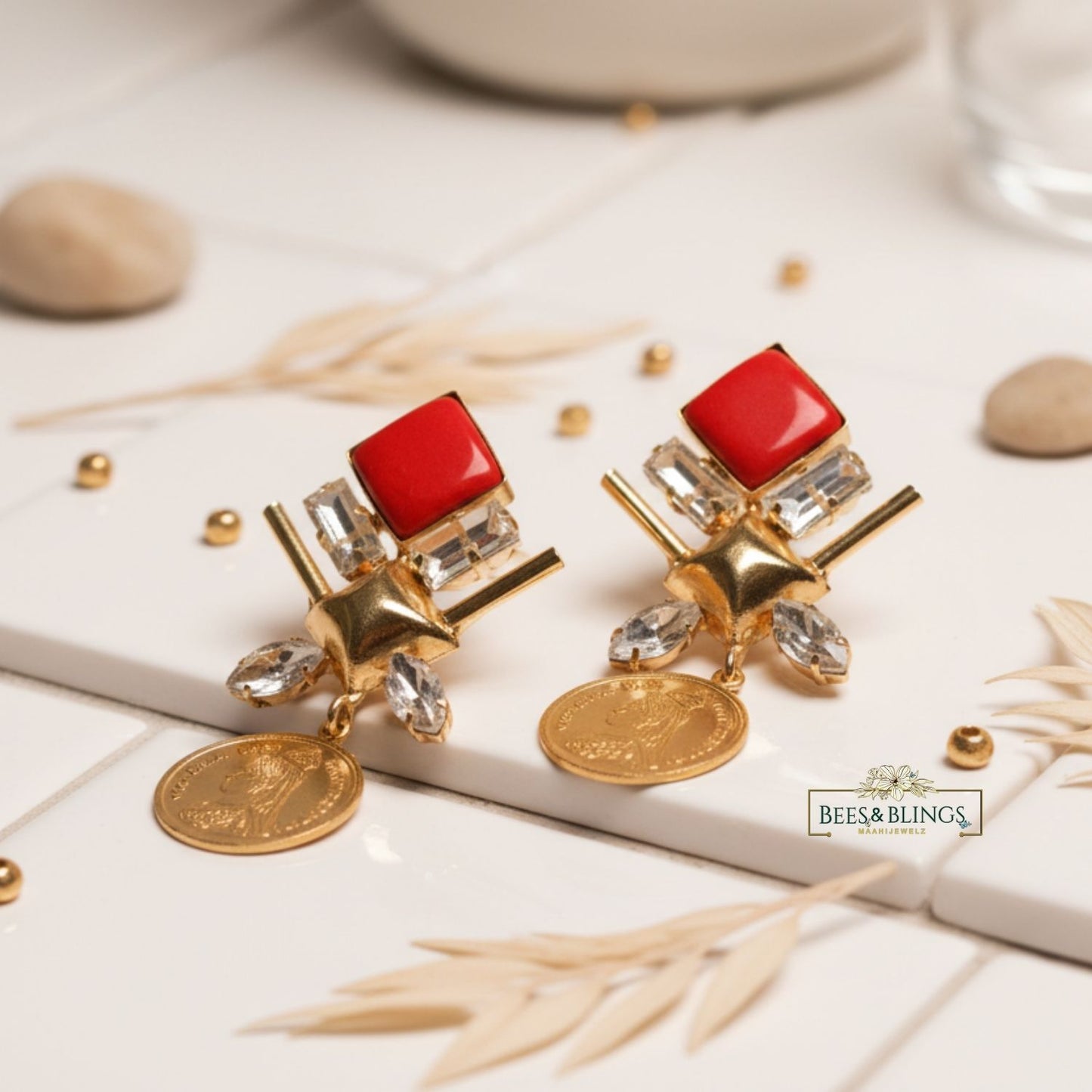 red-golden-coin-statement-earring