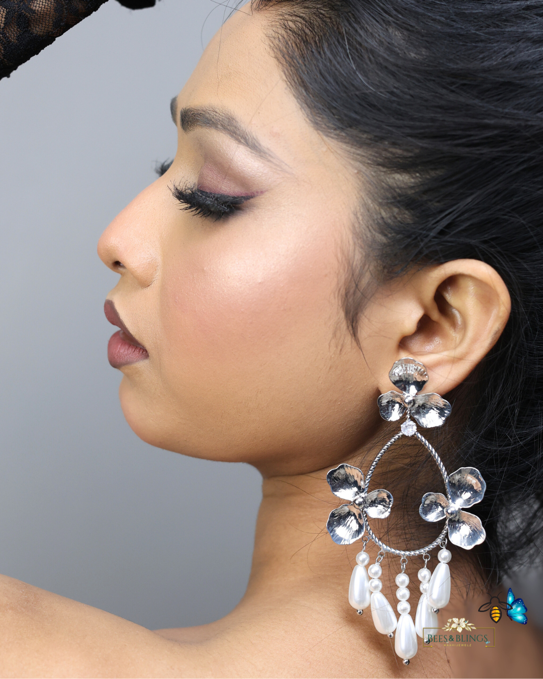 Silver-floral-partywear-drop-earrings