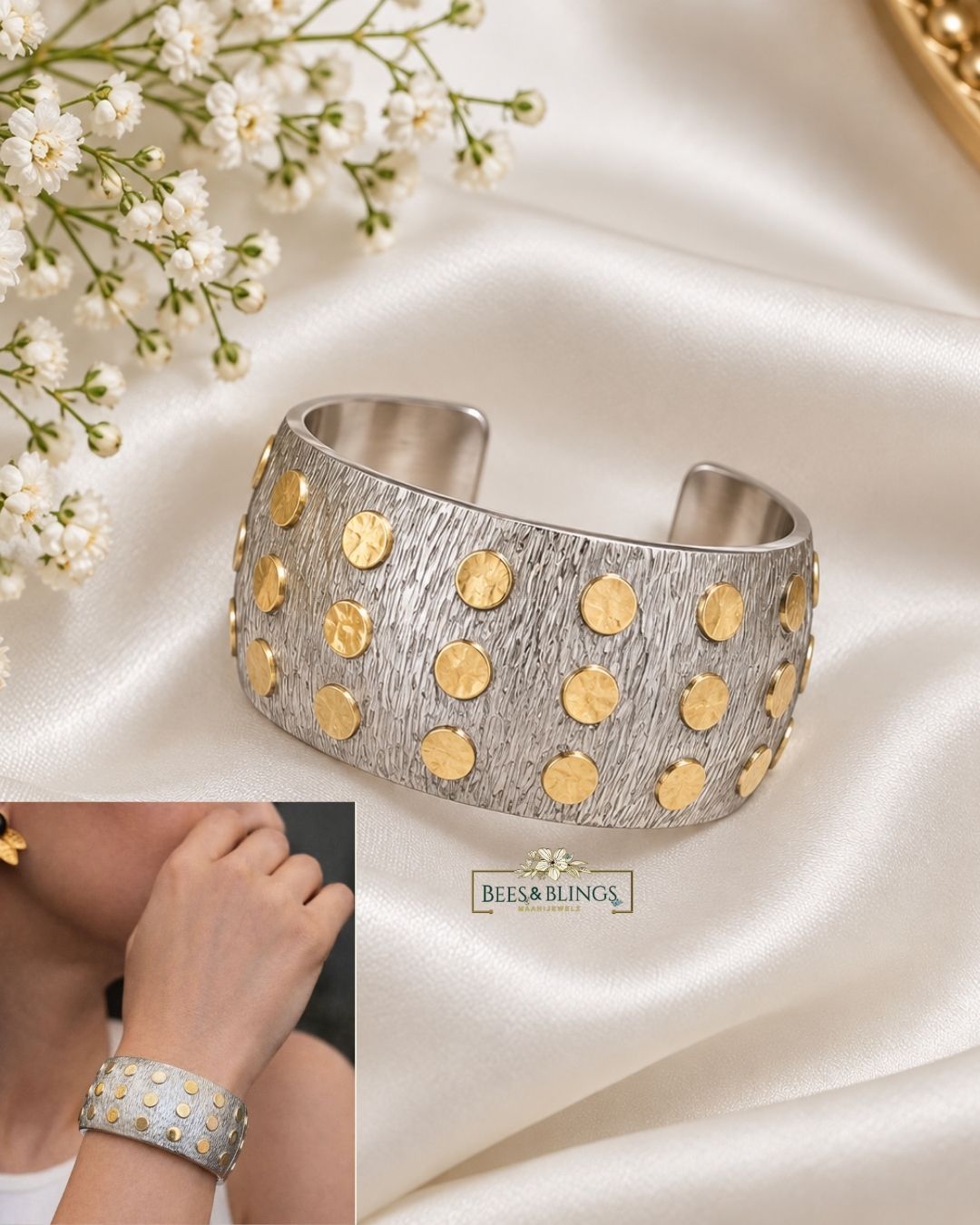 Silver & Gold Studded Wide Cuff Bracelet