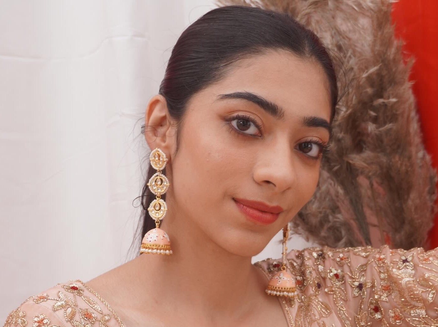 peach Kundan Jhumkis