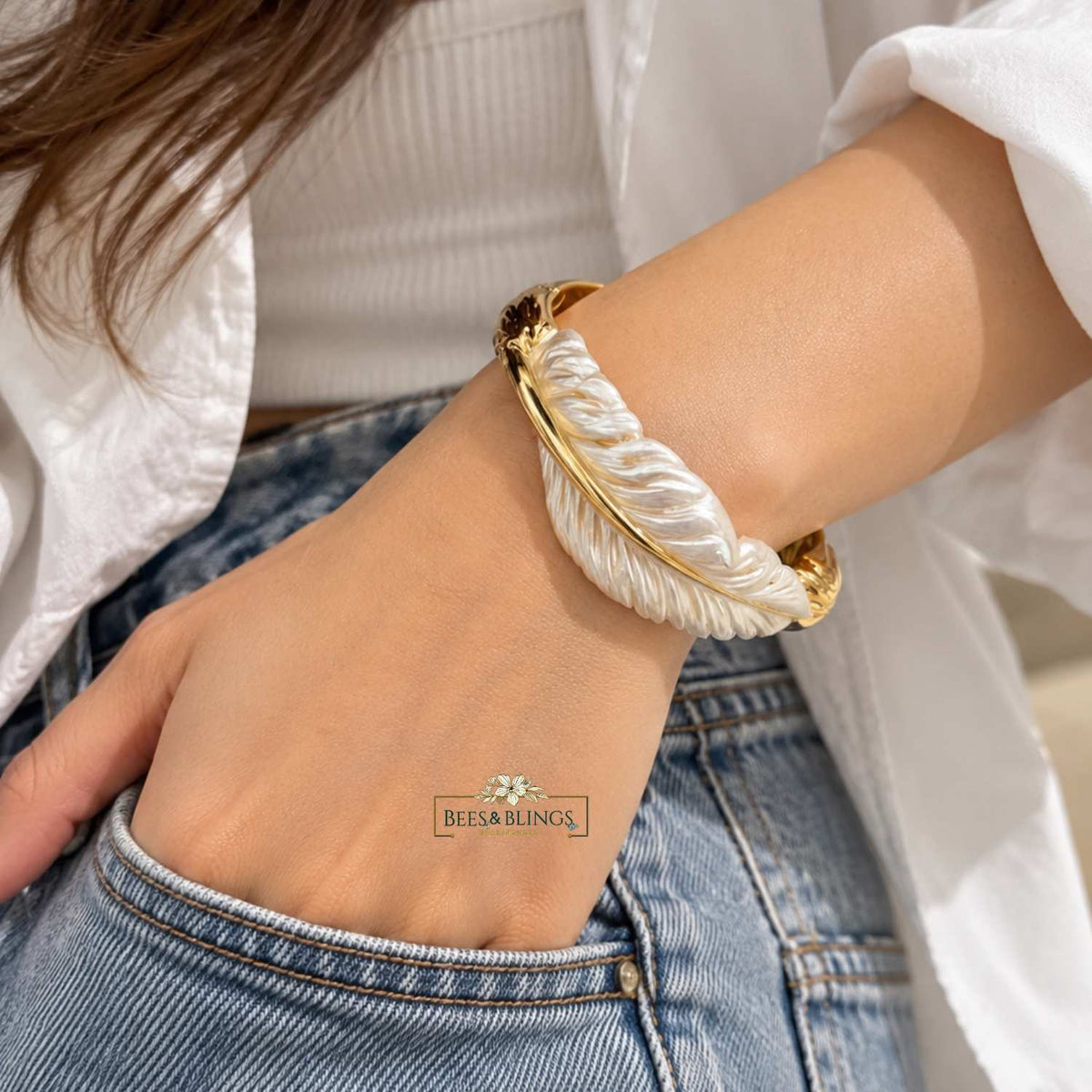 Gold-Tone Pearl Feather Statement Cuff Bracelet