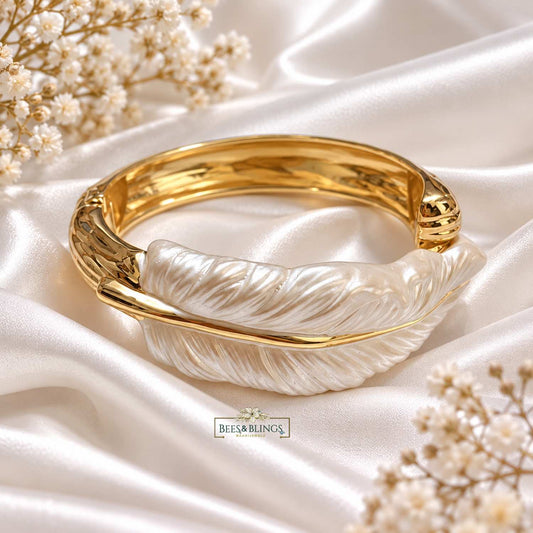 Gold-Tone Pearl Feather Statement Cuff Bracelet
