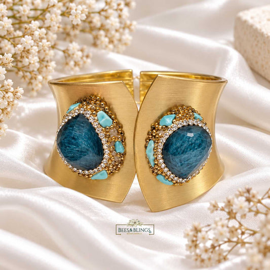 Teal-Blue Gold-Tone Statement Hand Cuff