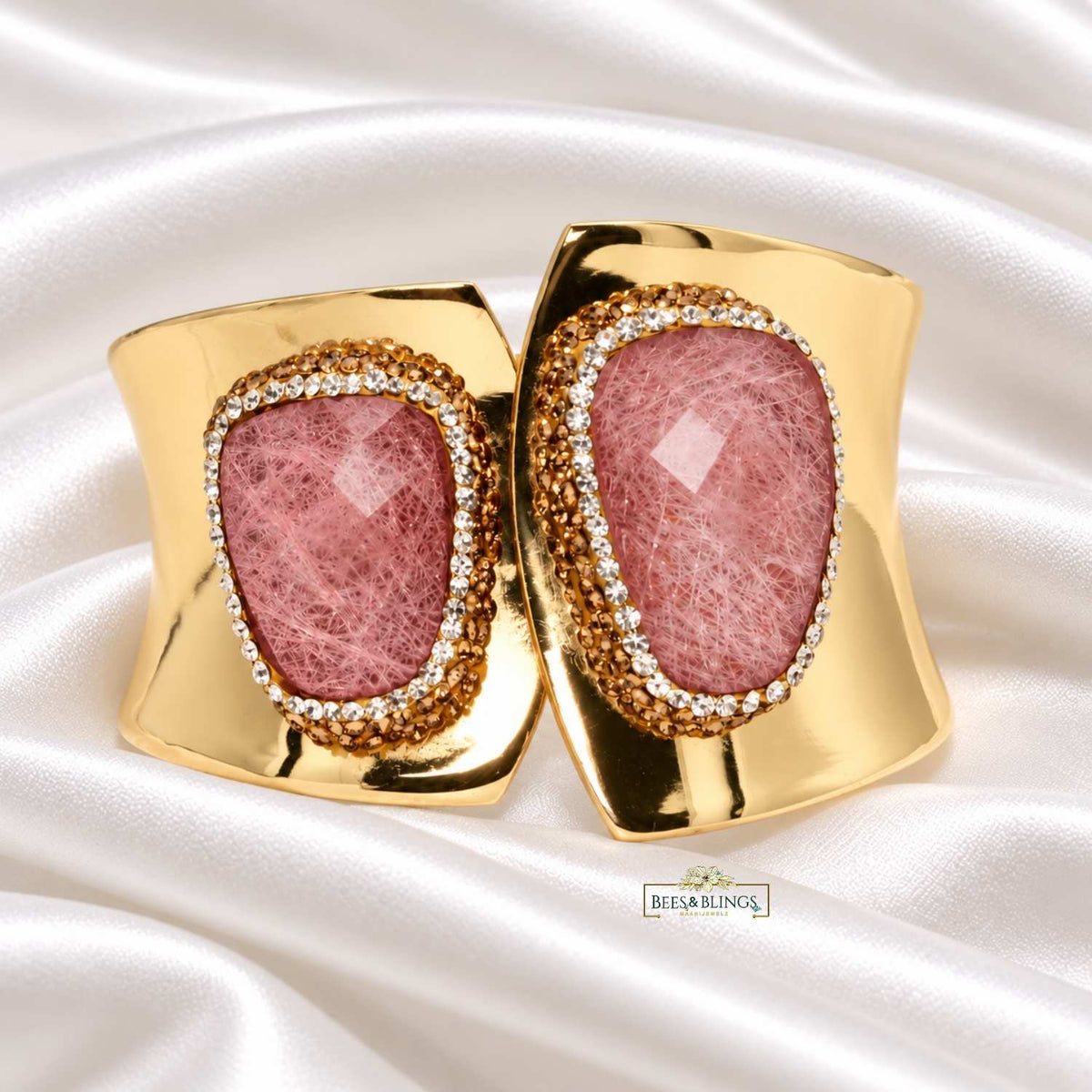 Gold-Tone Pink Gemstone Statement Cuff Bracelet