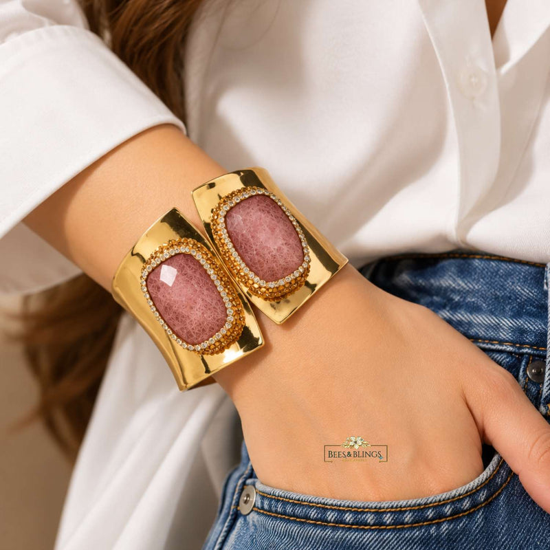 Gold-Tone Pink Gemstone Statement Cuff Bracelet