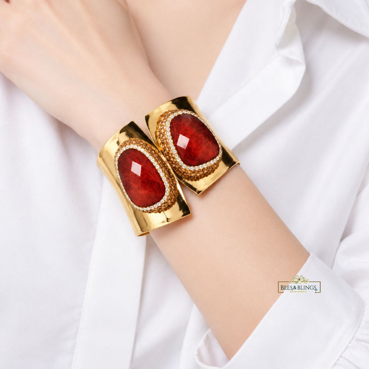 Gold-Tone Red Gemstone Statement Cuff Bracelet
