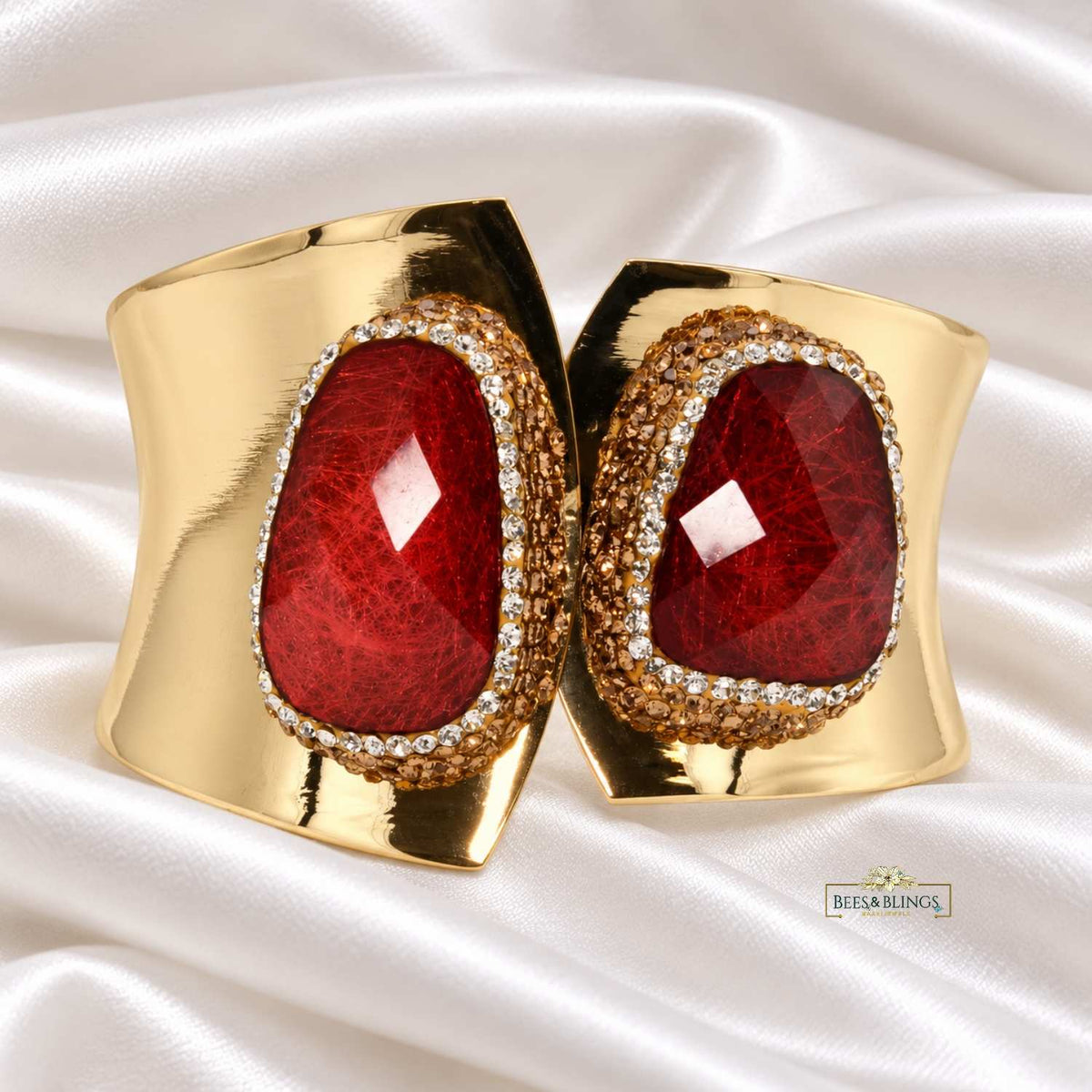 Gold-Tone Red Gemstone Statement Cuff Bracelet