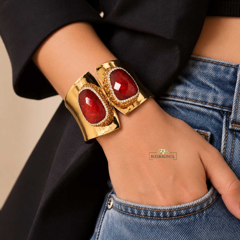 Gold-Tone Red Gemstone Statement Cuff Bracelet