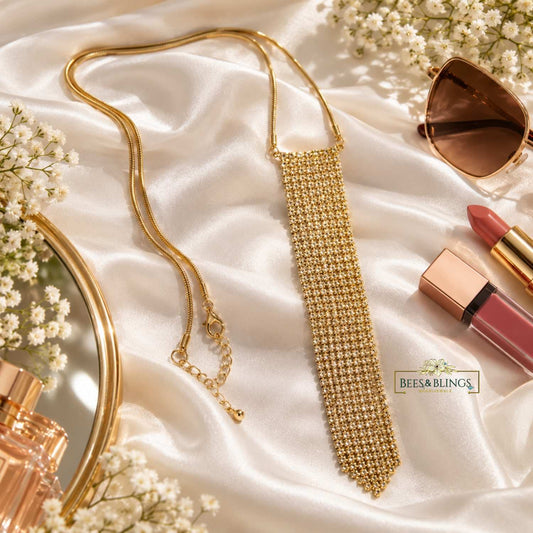 Gold Crystal Mesh Tie Necklace for Women