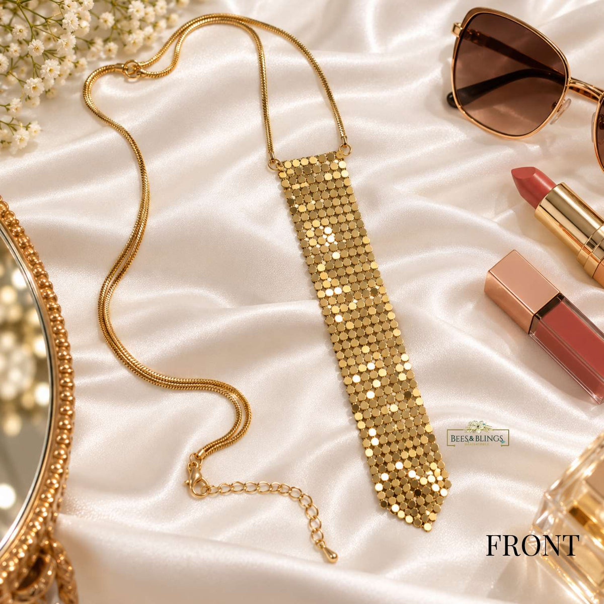 Gold Crystal Mesh Tie Necklace for Women