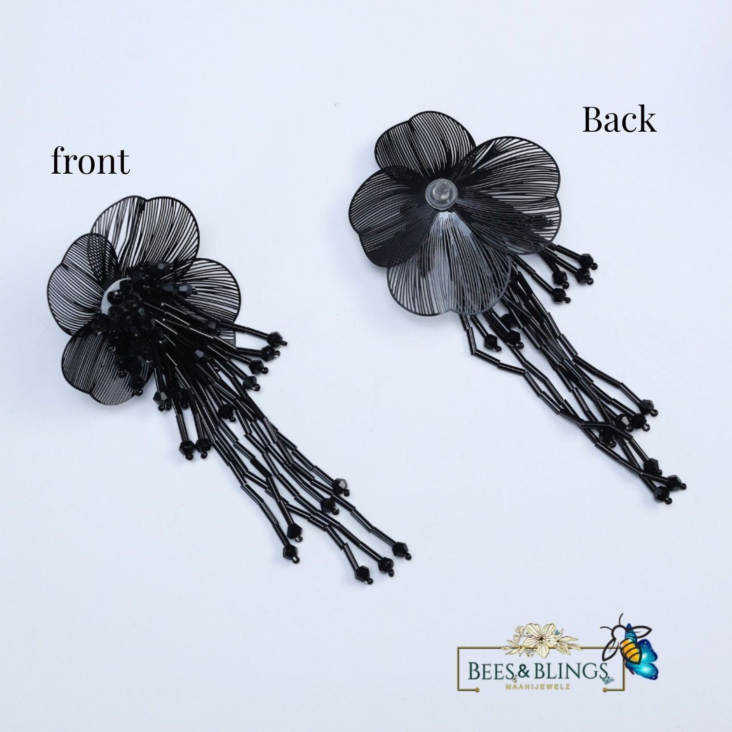 Black Floral Tassel Earrings