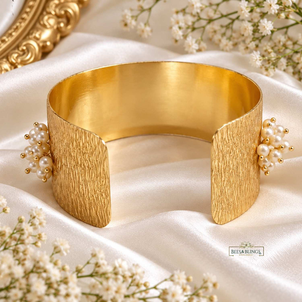 Gold Textured Pearl Statement Cuff Bracelet