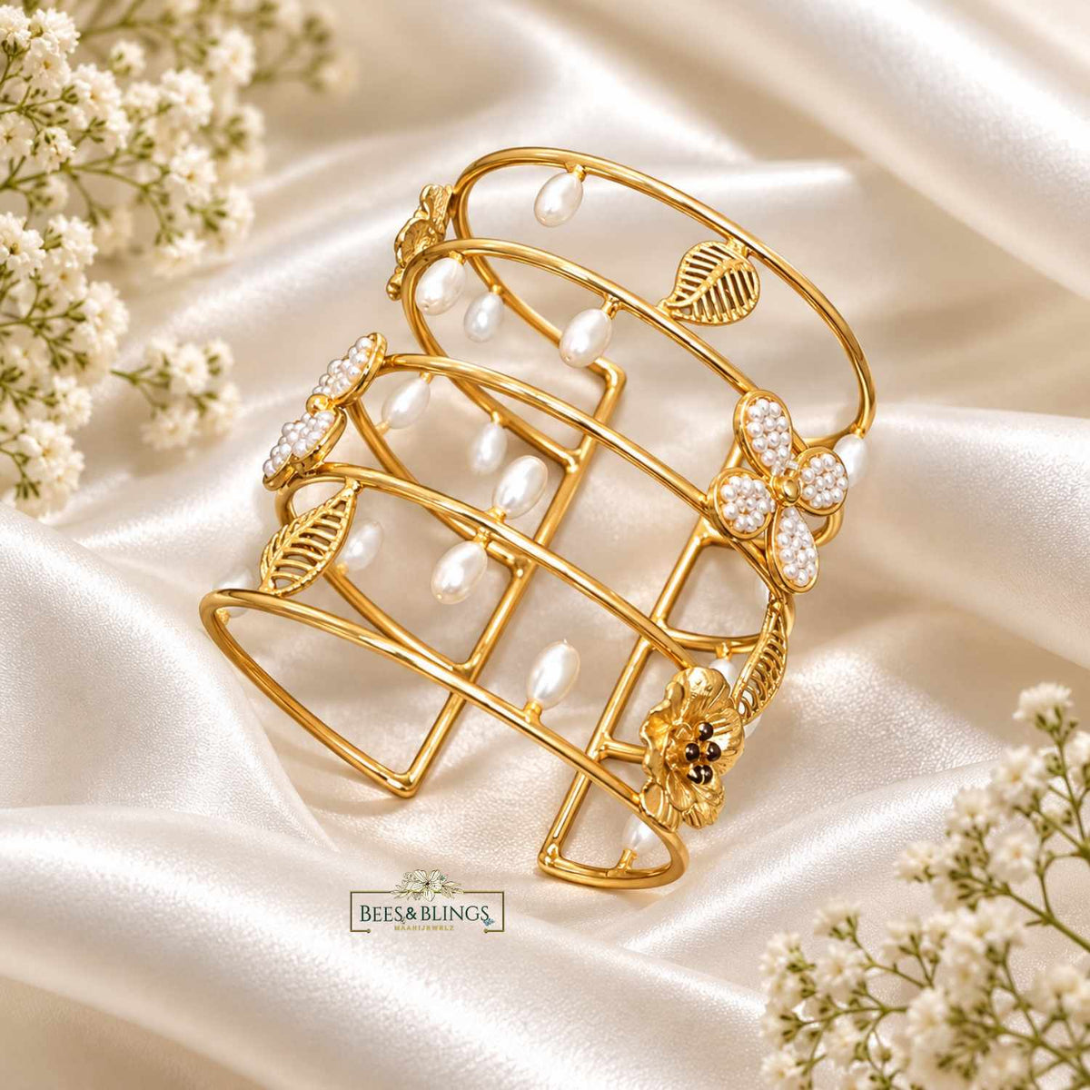 Gold-Tone Pearl Floral Statement Cuff Bracelet